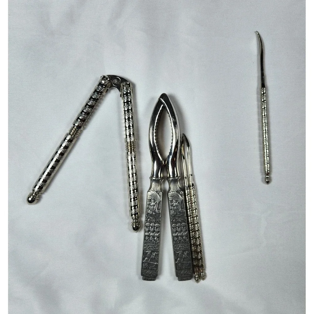 Vintage Silver Tone Metal Nut Cracker and Shellfish Pick Set 5pc Ornate Design